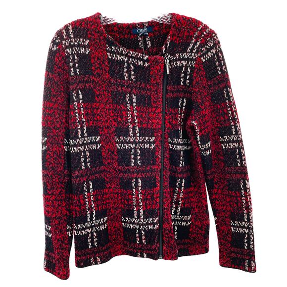 Chaps Red Blue Plaid Knit Asymmetrical Zip Moto Sweater Jacket M NWT - Picture 2 of 14